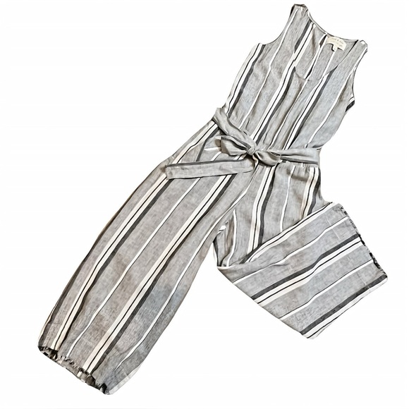 Cloth & Stone Linen Blend Striped Jumpsuit Size S Gray White Cropped Wide Leg - Picture 13 of 13